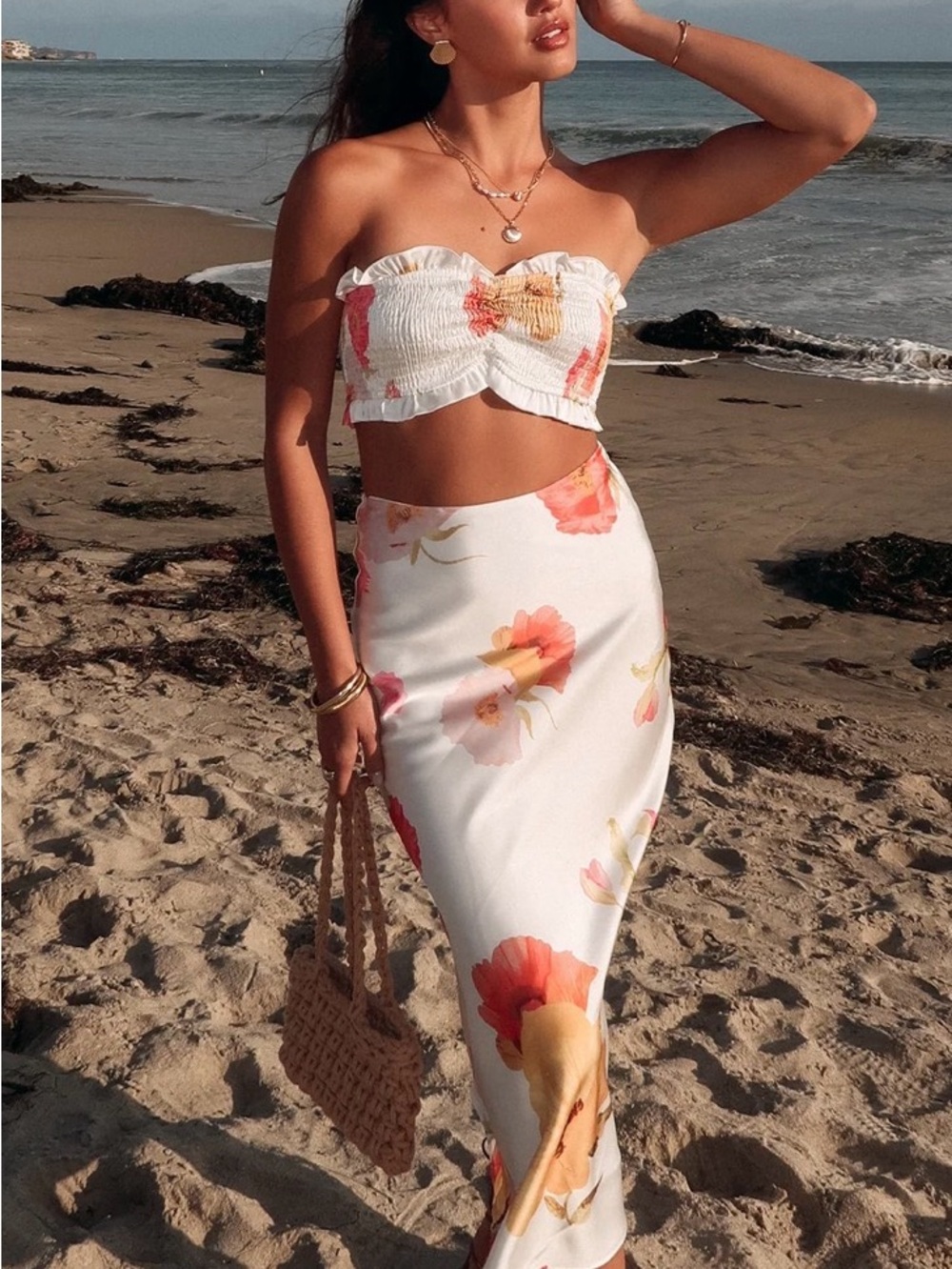 White Floral Maxi Skirt & top with Coral & Yellow Blooms